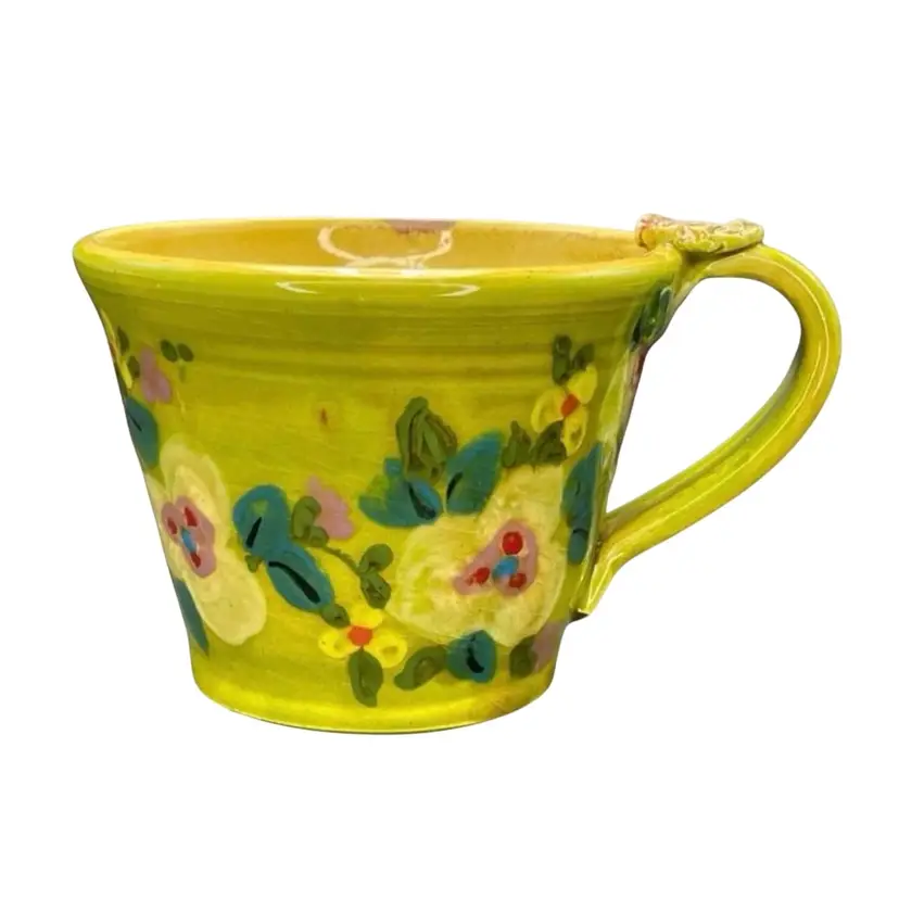 Don Swanson Pottery Hand Painted Green Floral Coffee Mug Cup Signed