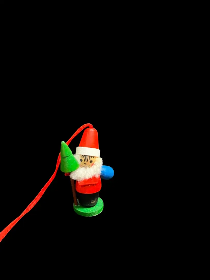 #01 Steinbach-West Germany-Santa Holding Tree and has a Blue Toy Bag Wood Ornament-Lot 60