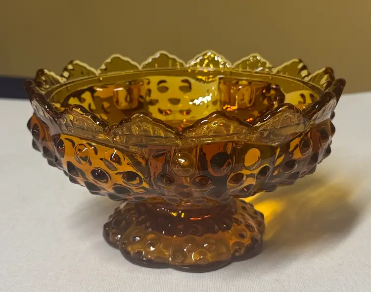 FENTON Hobnail Glass Pedestal Candle Holder Bowl Olive Amber 6.5” diameter