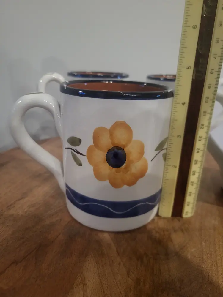 Furio Italy Pottery Coffee Mug Cup Blue w/Yellow Flower Large