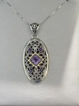 Stunning  14kt Gold & Sterling Silver Amethyst Pendant 2” On A 14kt Gold 17” Chain.