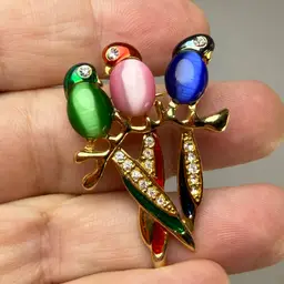 Vintage Jelly Belly Parrot Bird Lover Trio Branch Brooch Pin Gold Tone Moonglow
