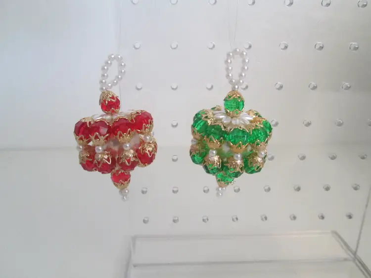 Set of 2 Vintage Handmade Green, Red and Gold Beaded Christmas Ornaments