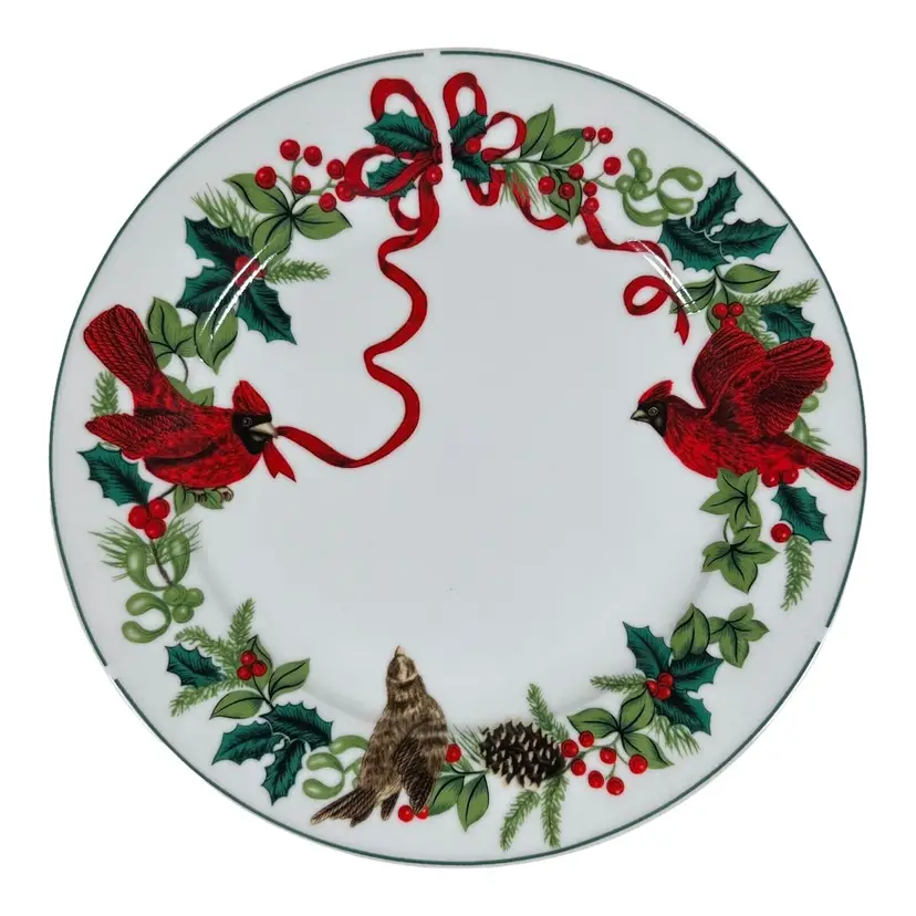 Red Bird Cardinal Plate Dinner Christmas Holly 10 Inch Norfolk Small Cake Plate