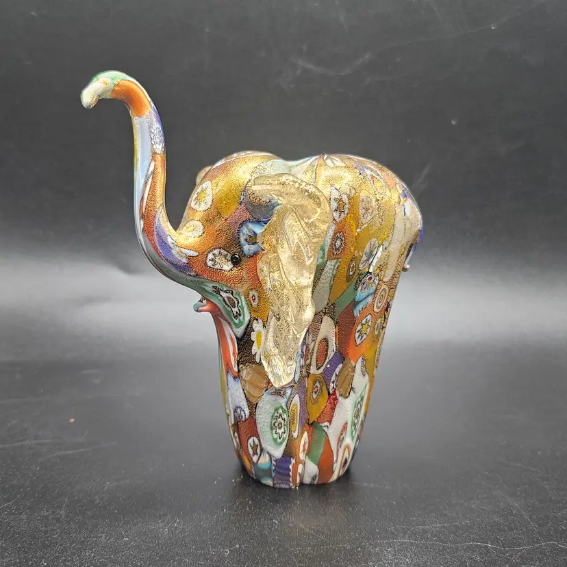 Golden Quilt Millefiori Murano Elephant Glass Of Venice Italy Gold Aventurine Fleck Murrine Trunk Up