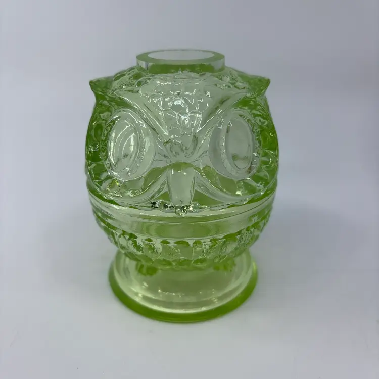 Green Uranium Glass 2 Piece Owl Fairy Lamp ~ Fenton Mold 4”