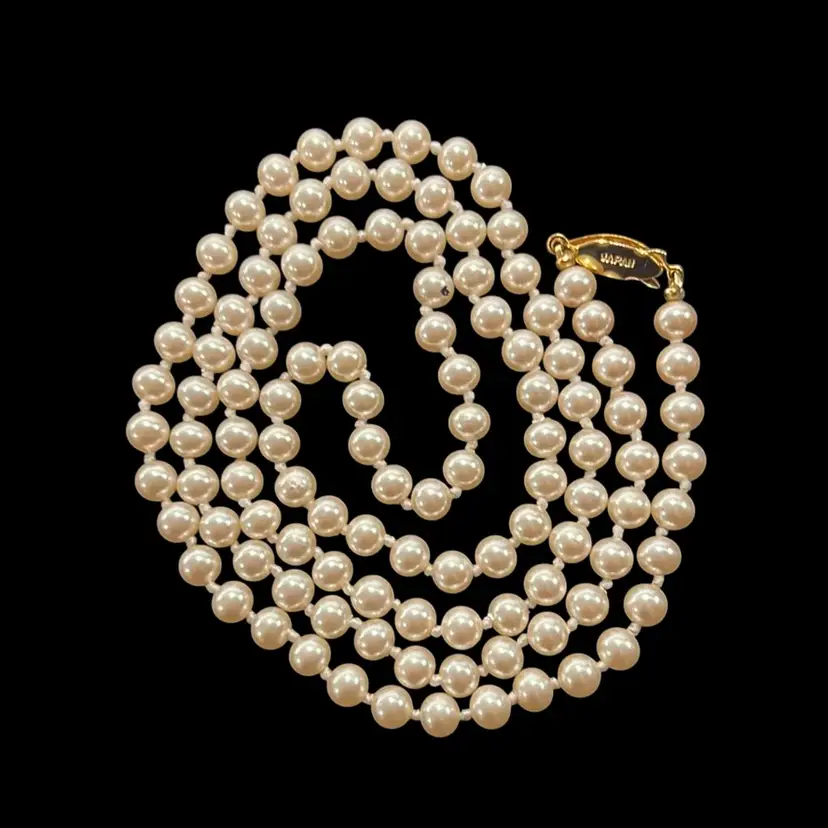 Vintage Faux Pearl Single Strand Hand Tied Goldtone Clap Signed Japan Necklace  30”