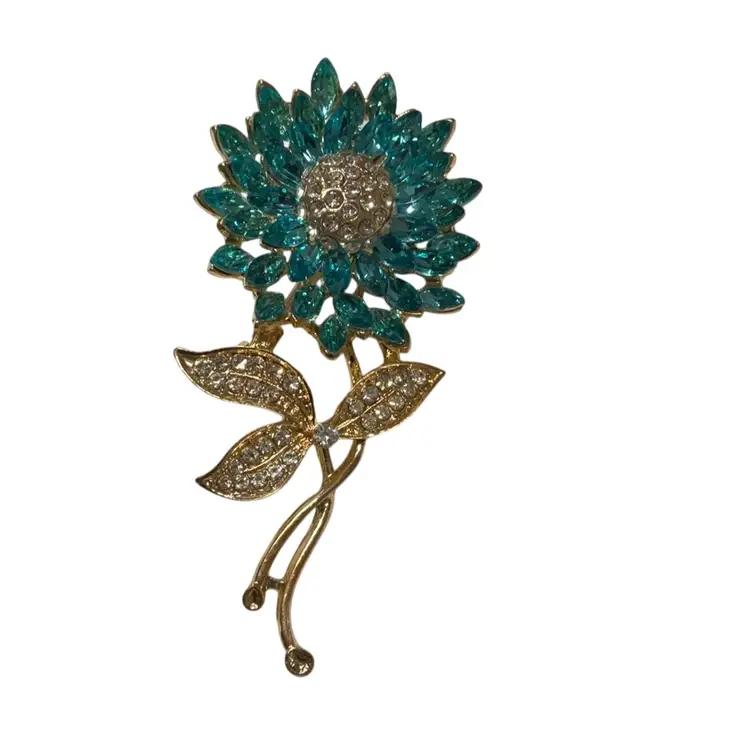 Blue And Clear Rhinestone Flower Brooch
