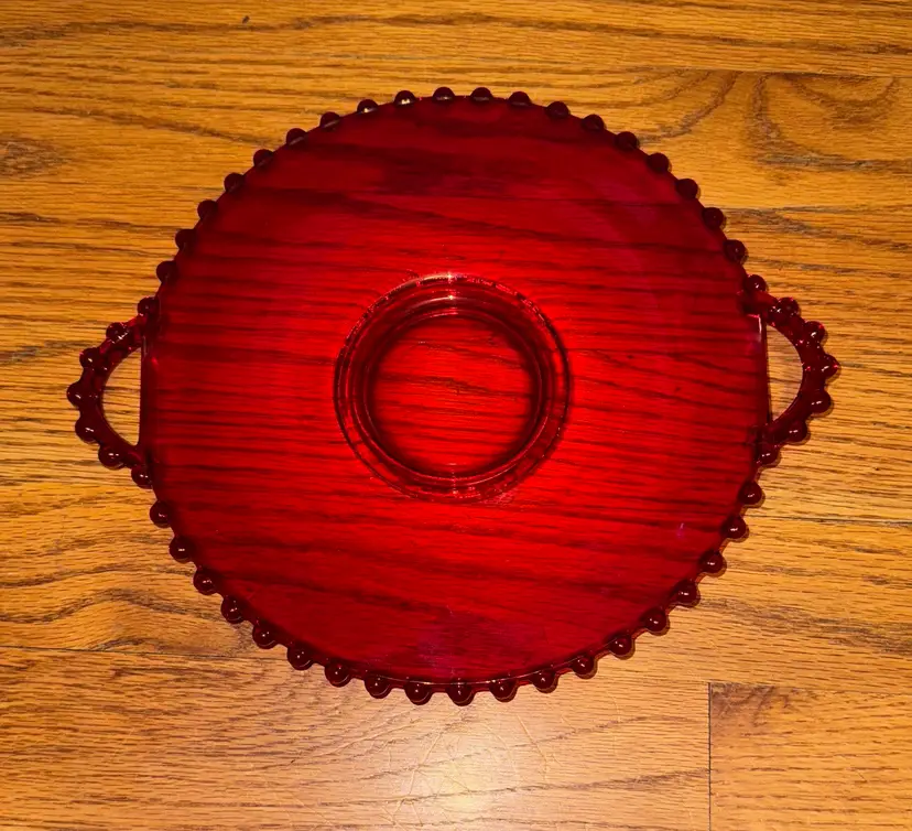 Candlewick Red (Stem 3400) 10” handled plate by IMPERIAL GLASS-OHIO cadmium glow
