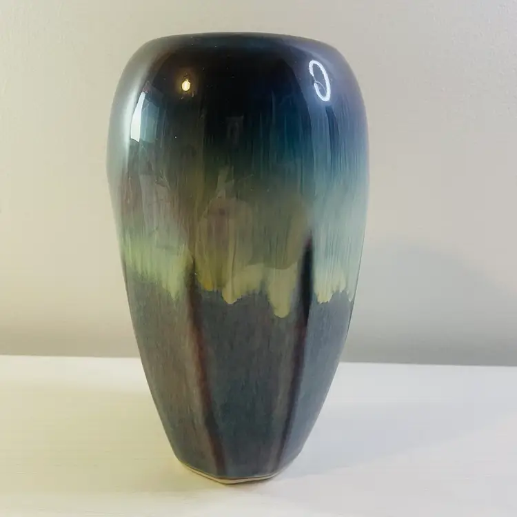 Vintage BILL CAMPBELL 7.25" Tall Vase Drip Glaze  Blue Brown SIGNED