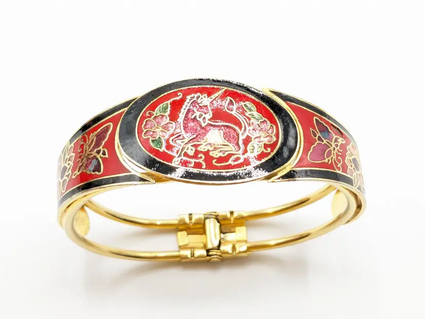 Unicorn Gold Tone Cloisonne Bangle Bracelet Butterfly Floral Clamper