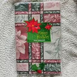 Vintage Vinyl Flannel Back 60" Round Tablecloth Happy Holiday Christmas NEW