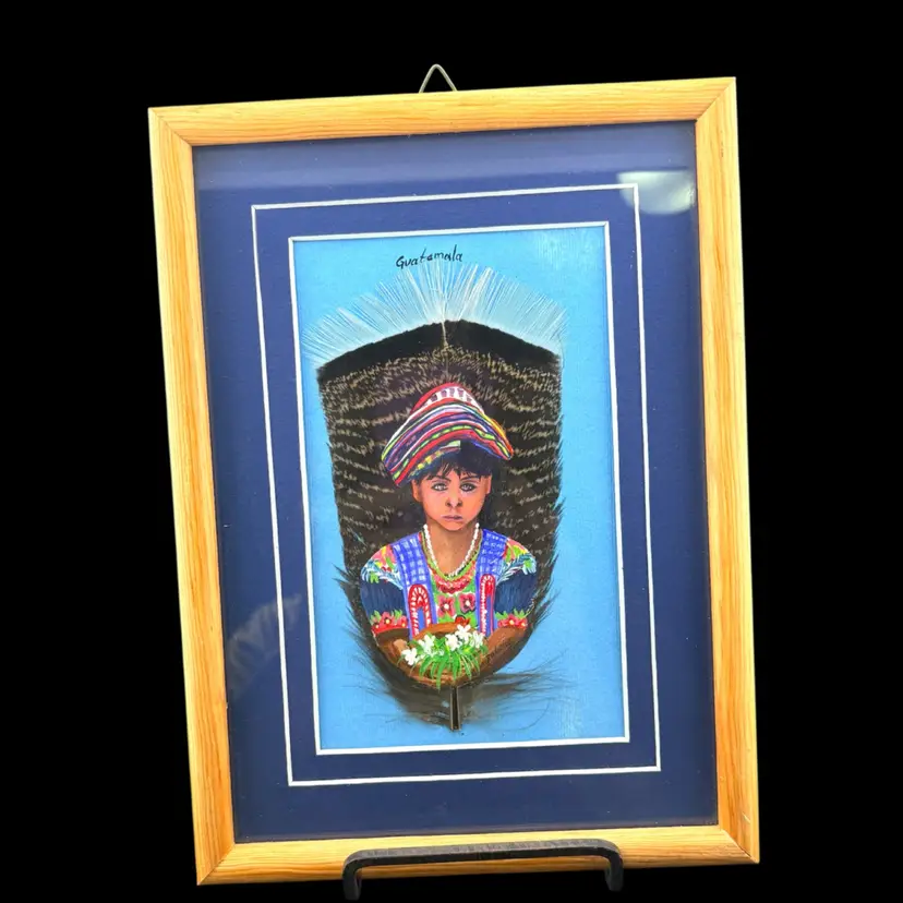 Vintage Guatemalan Folk Art Feather Painting In Frame 9” Tall x 6.75” Wide