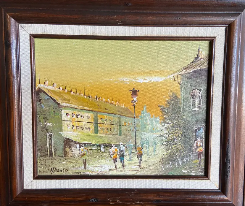 Original Framed Oil Painting of Street Scene, Signed by Artist Harold, 9.5x7.75"