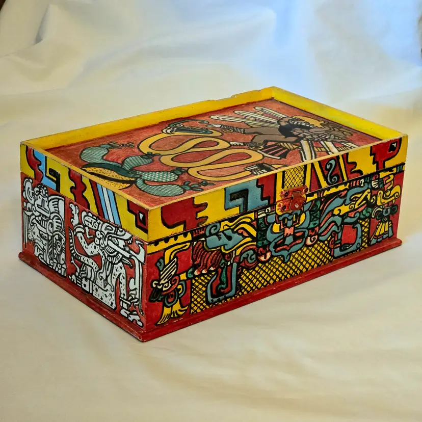 Folk Art Wood Jewelry Box Painted Indigenous Style Motifs with Mirror & 2 Removable Trays