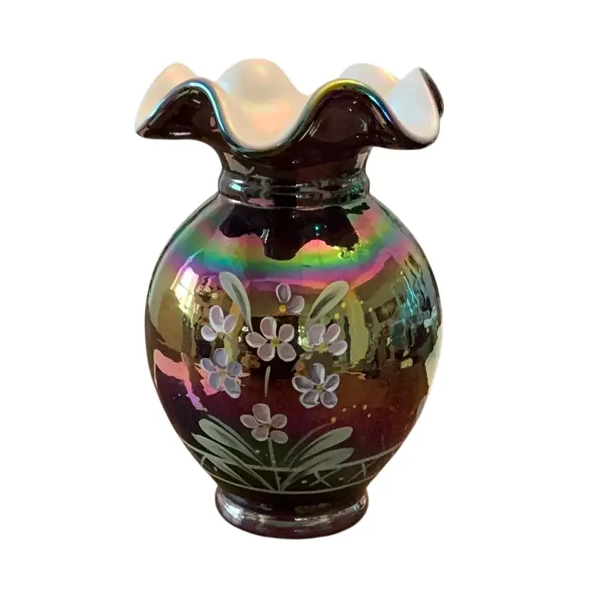 Fenton Carnival Overlay Ruffled Edge Vase HP By Stephen Lemon (1989-92) 5 1/2” X 4”