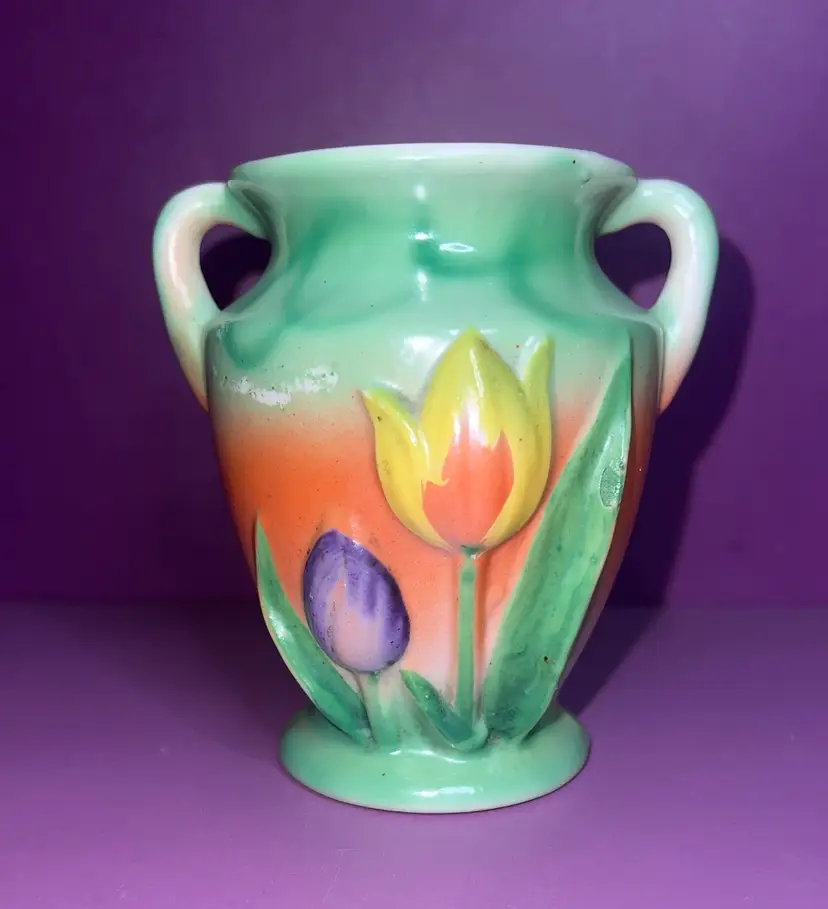 Vintage Japanese Porcelain Vase With Raised Tulips And Two Handles 4”