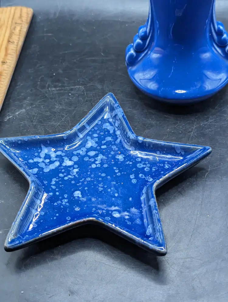 Vintage Lot Of 3 Blue Pottery Decor Pieces-USA Vase, Ineke Canada Pitcher And Unmarked Star Trinket Dish