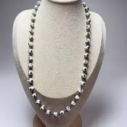 Vintage Italian 22.5" White Red Millefiori Glass Beaded Necklace Hand Knotted