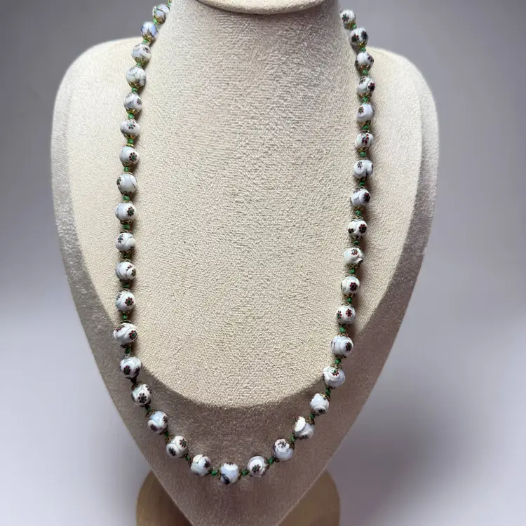 Vintage Italian 22.5" White Red Millefiori Glass Beaded Necklace Hand Knotted