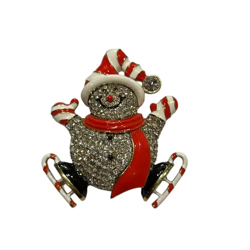 Exceptionally Rare Heidi Daus Snowman On Candy Cane Skates - Enamel Red & White Cap, Mittens, Scarf & Skates With Gorgeous Sparkly Rhinestone Accents - 3.25”
