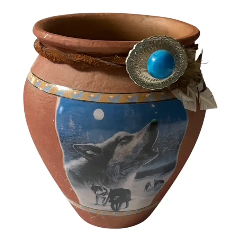 2001 HC Moonlit Song Terra Cotta Vase - "Cry of Courage" Wolves, Southwestern Style