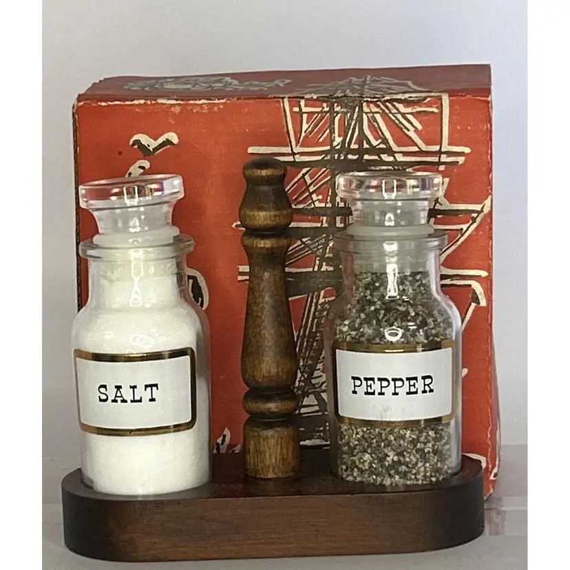 Vintage Bicentennial Salt & Pepper Glass Shakers with Wooden Stand & Original Box (c) 1976