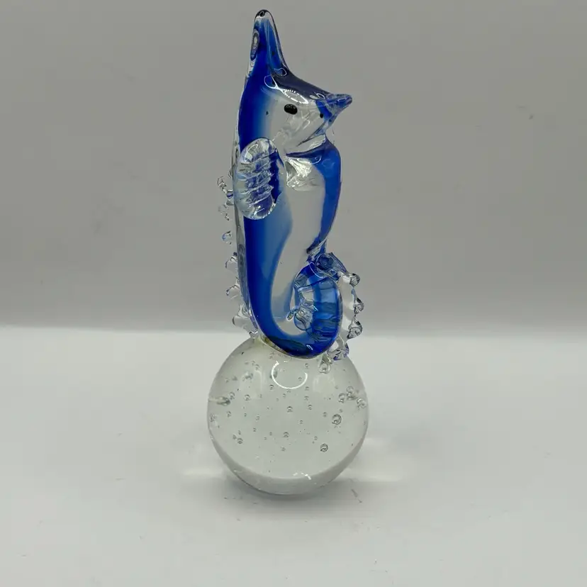 Blue And Clear With Bubbles Art Glass Seahorse Paper Weight