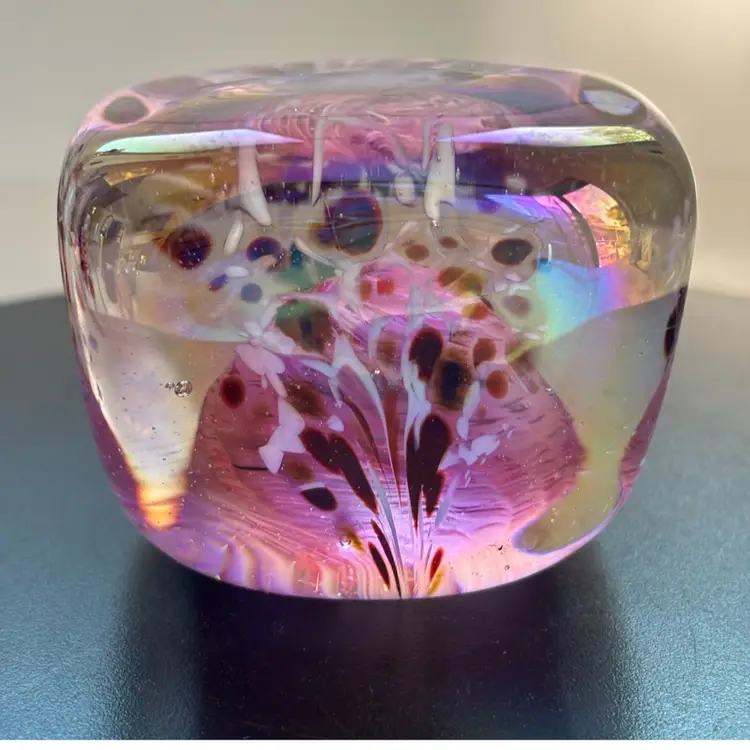 Vintage 1983 Glass Eye Studio MSH Iridescent Paperweight - Square Shape