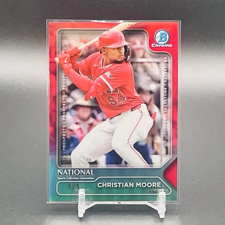 CHRISTIAN MOORE 2025 National Silver Pack Bowman Chrome Red Refractor /5 - Los Angeles Angels