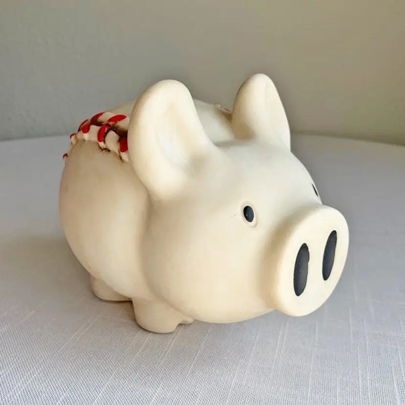 Vintage Baseball Pig Piggy Bank With Stopper Hard Resin Textured Laces