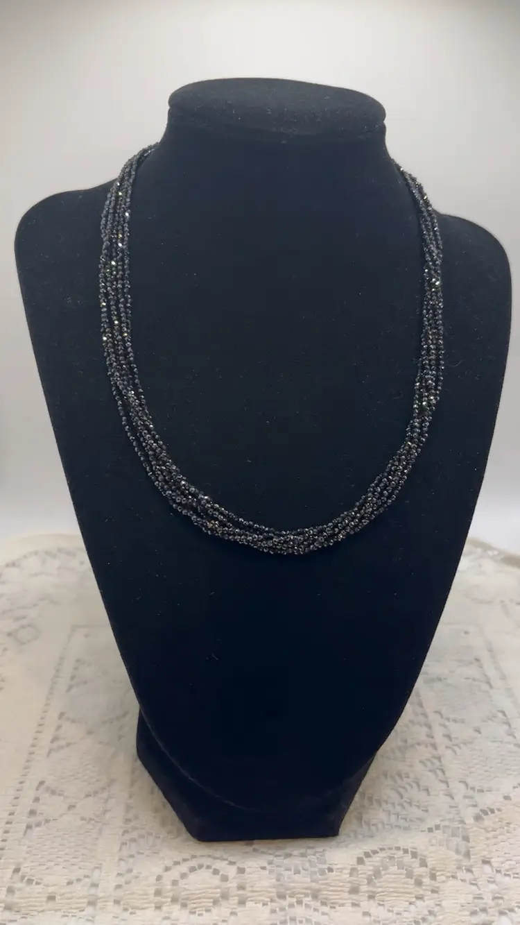 Sterling Silver Black Spinel Faceted Bead Six Strand 18" Necklace Sparkly Fun
