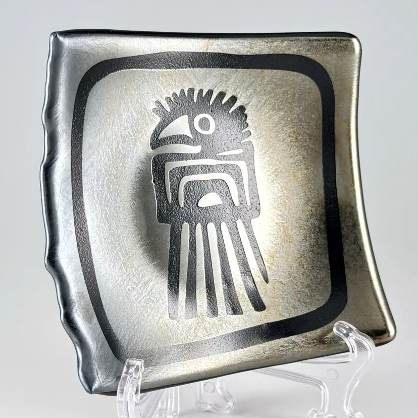 Mayan or Aztec Bird Petroglyph Pictograph Glass Trinket Dish Iridescent Luster