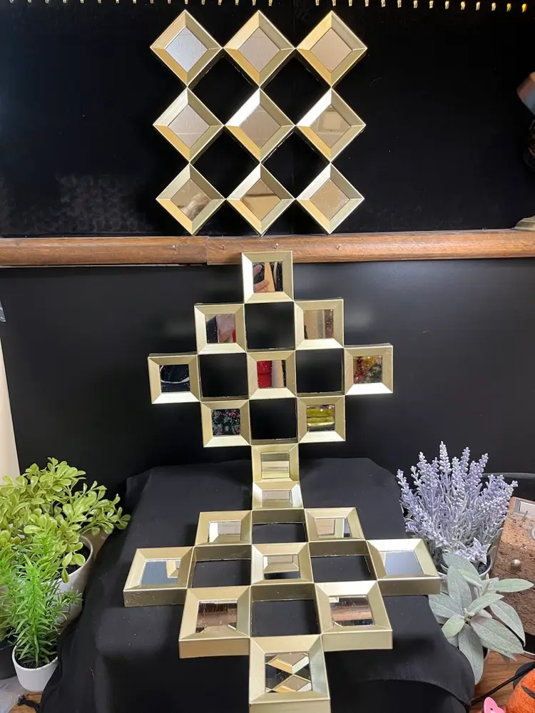 Trio of Gold Tone Wall Mirrors w/ Diamond Shaped Mirrors-Boho-Lot 58