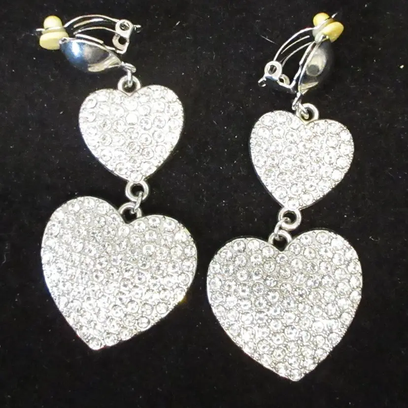 Vintage Silver Tone Clear Pave Rhinestone Dangle Clip On Earrings - 2.5 Inches Long