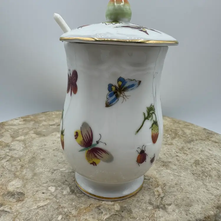 Vintage Lenwile Ardalt "Springtime" Porcelain Jelly Jar Featuring Strawberries Butterflies & Ladybugs