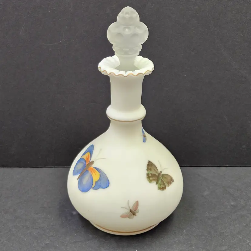 Rare Fenton Charleton Hand Painted Butterflies Satin Glass Perfume Barbers Bottle