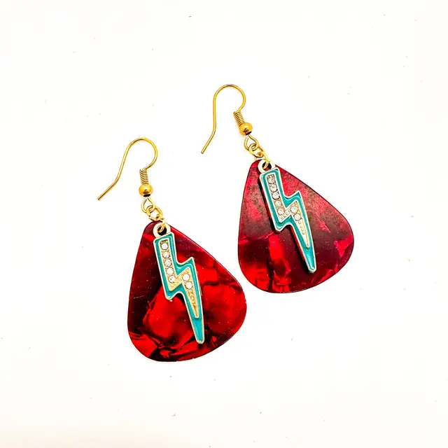 Guitar Pick Earrings Red Blue Lightning Bolt Charm Handmade