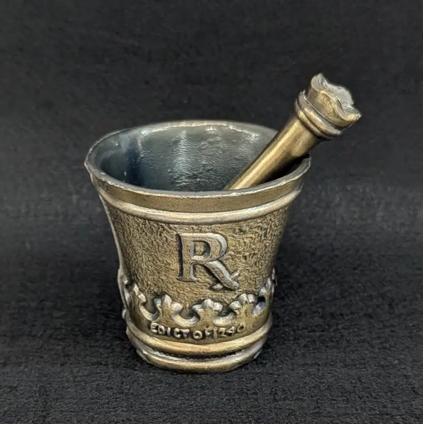 Vintage Schering Brass Mortar & Pestle Coricidin Rx Edict of 1240 Frederick II