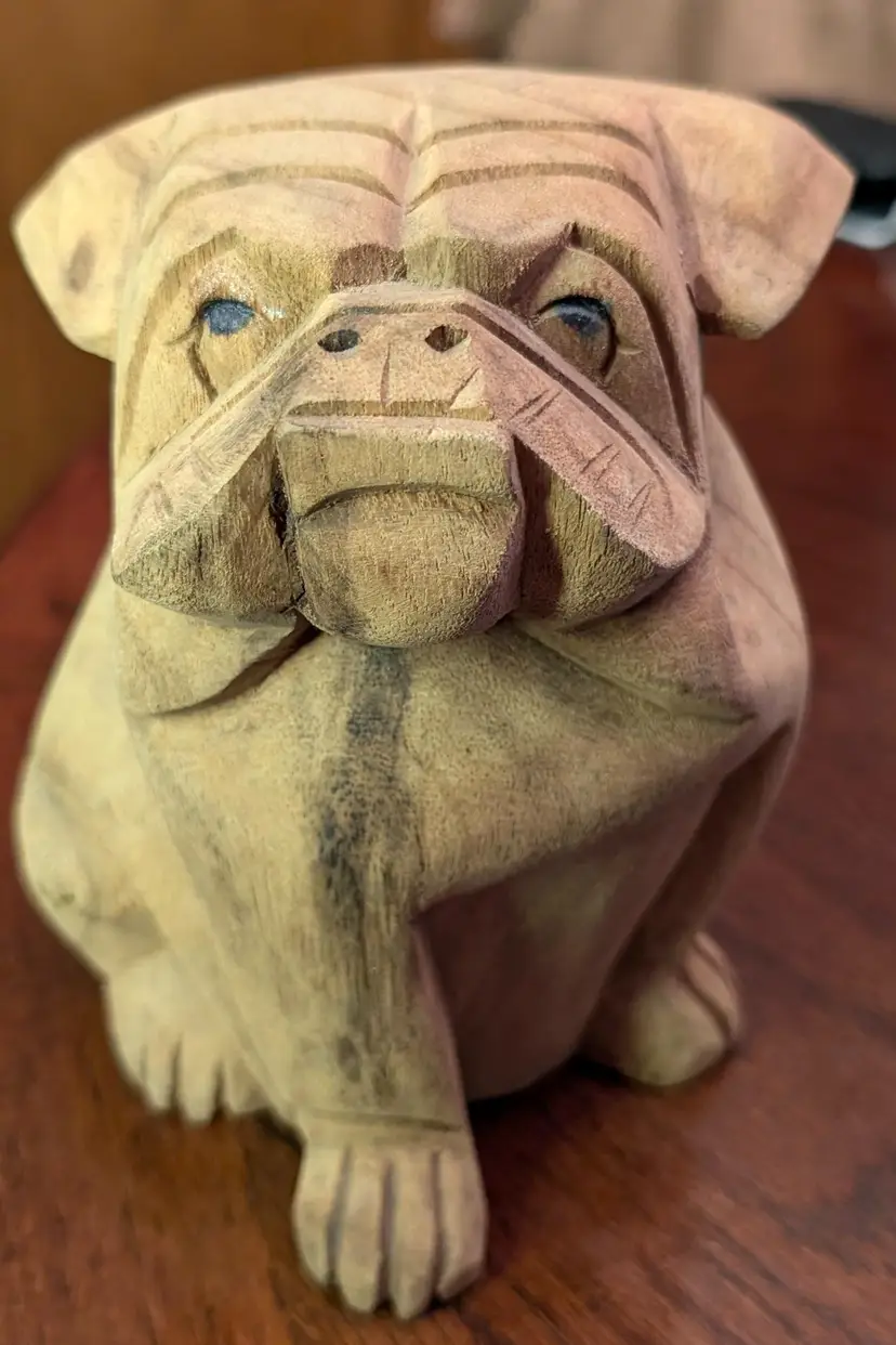 Hand Carved Wooden Bulldog Sculpture Figurine Large