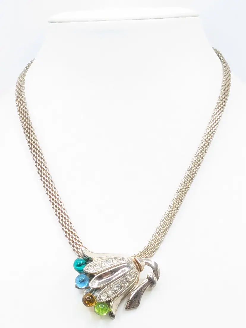 Vintage Gold Tone Colorful Floral Pendant Chain Necklace READ