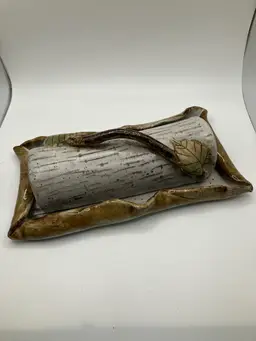 Log And Leaves Signed Pottery Butter Dish