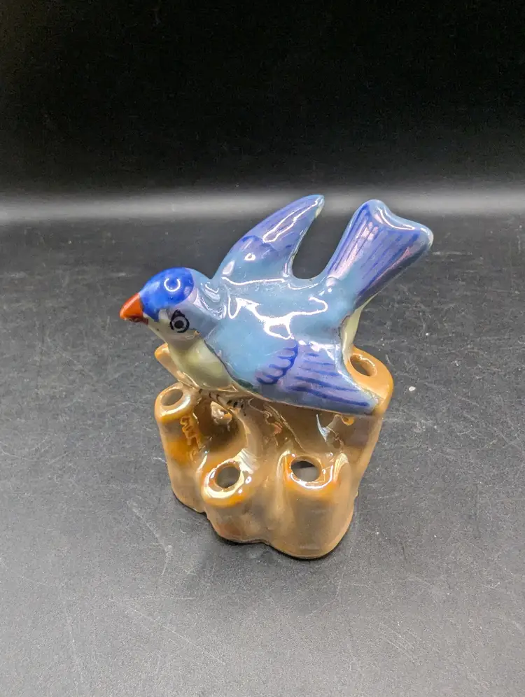 Vintage Lusterware 6 Hole Flower Frog Vase Blue Bird Figurine Mid-Century Modern Japan 3".
