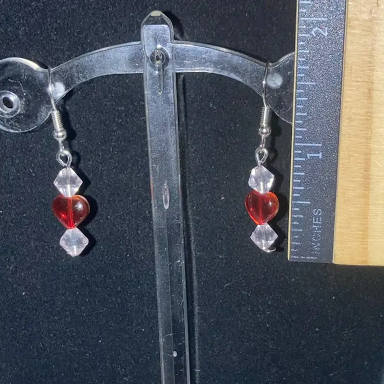 1 1/2” Drop Earrings! Red Hearts! Silver Tone Fish Hooks.  Made By Me!