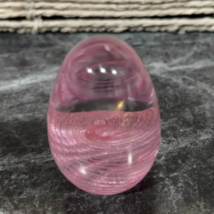 OBG Signed Pink Swirled Egg Shaped Paperweight.