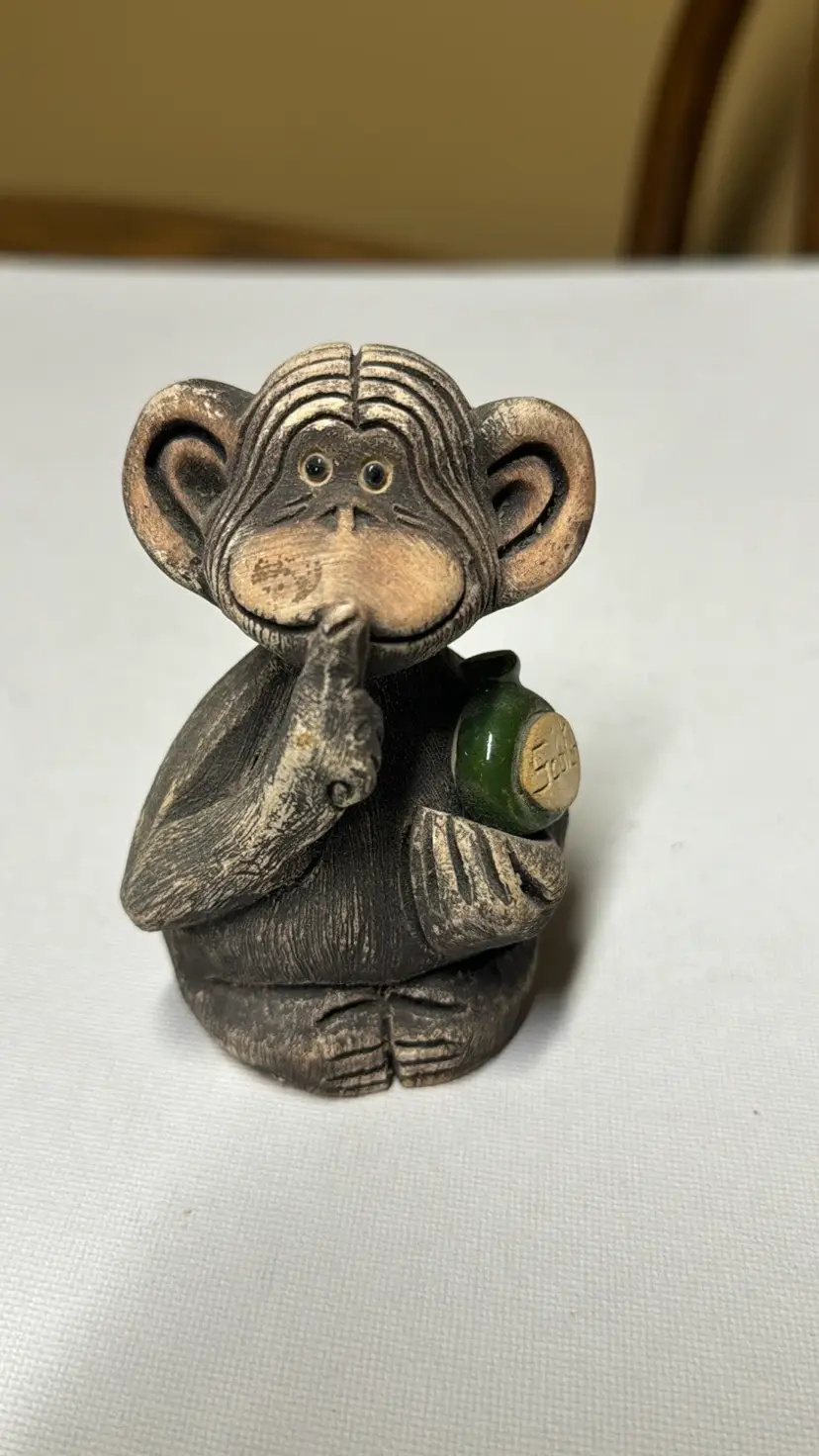 Artesania Rinconada Uruguay Art Pottery Chimp with Bottle Figurine