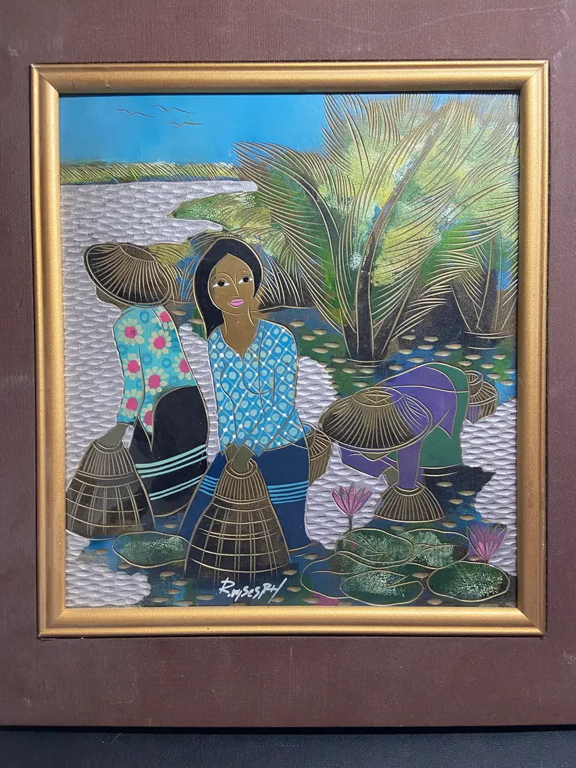Vintage Artist Signed Framed Painting of 3 Thai Women, Southeast Asian Folk Art