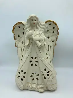 Victorian Angel Musician Candle Tea Light Holder 9.5" Christmas Gilded Gold Tone