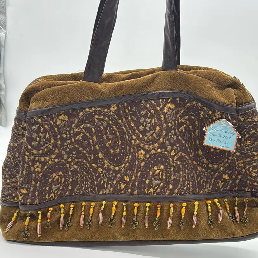 Handbag Boho Hippie  Brown Gold Suede w Beaded Tassels 18”W x 12”H