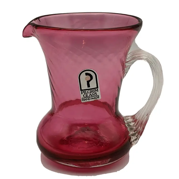Vtg Pilgrim Cranberry Optic Atlanta Glass Miniature Pitcher Reeded Handle AS IS